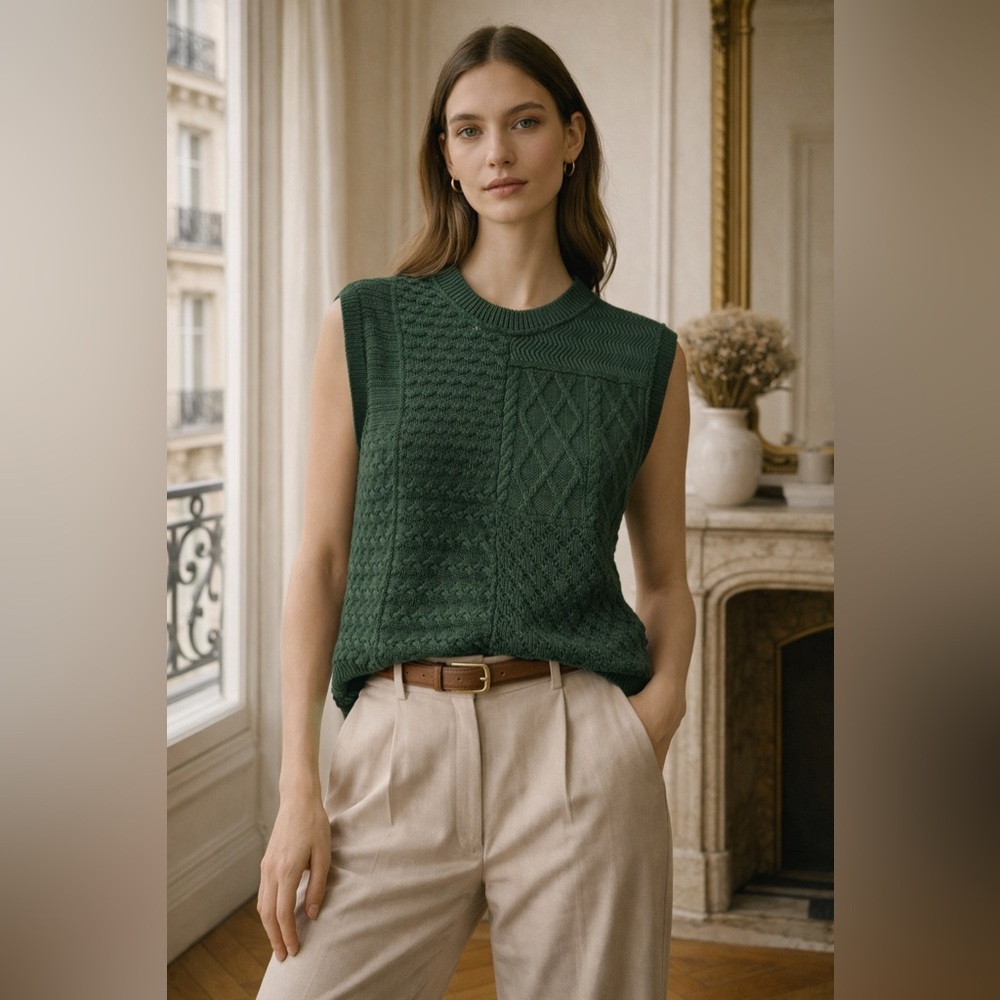 Free People Take‎ the Plunge Sweater Vest  Mixed Stitch Cable Knit Green XS